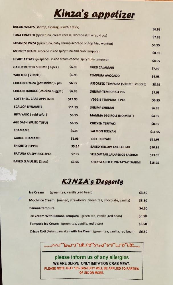 Kinza Sushi and Asian Izakaya Menu
